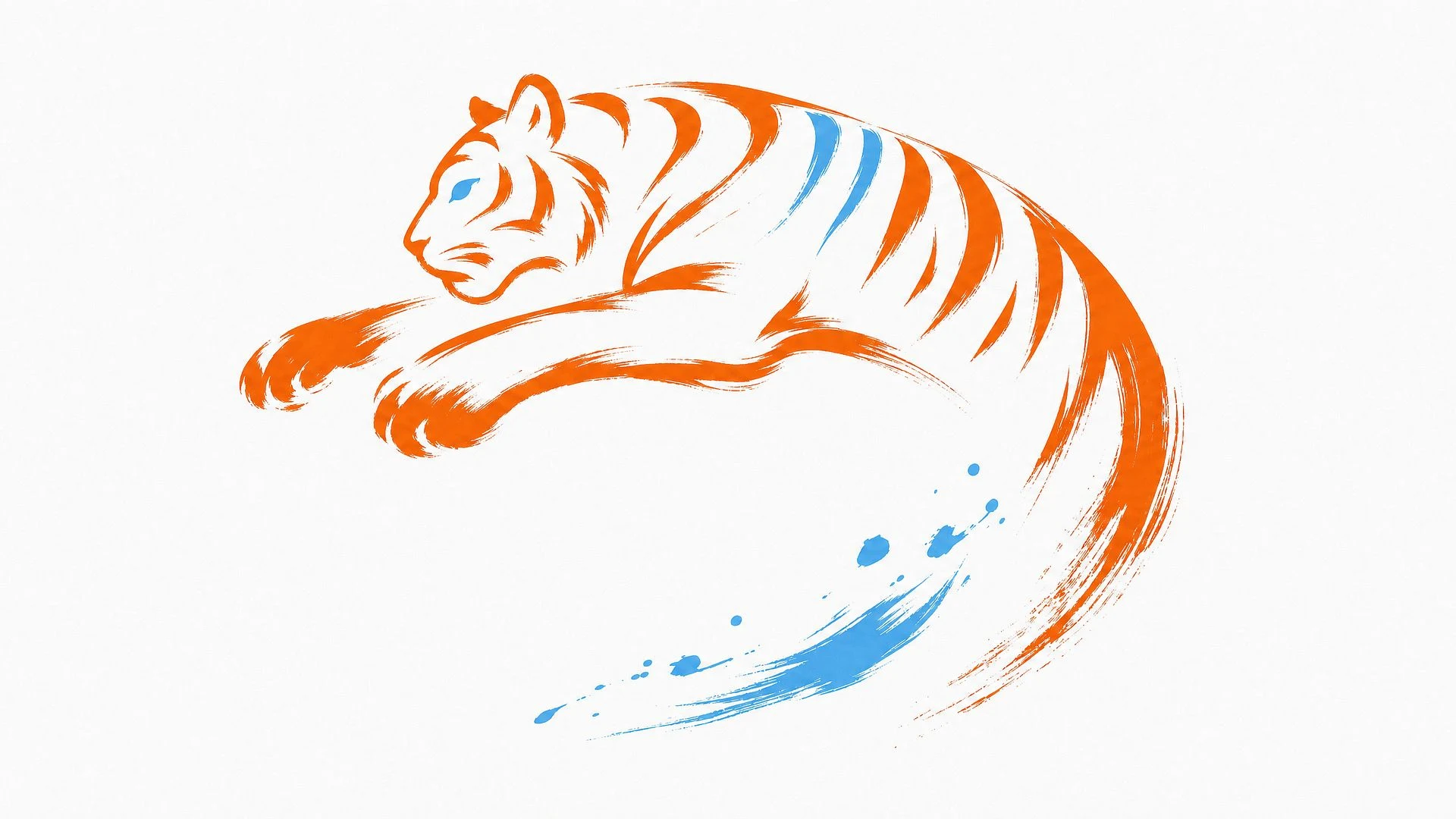 Leaping tiger drawn in orange brush strokes with blue stripes and a blue eye